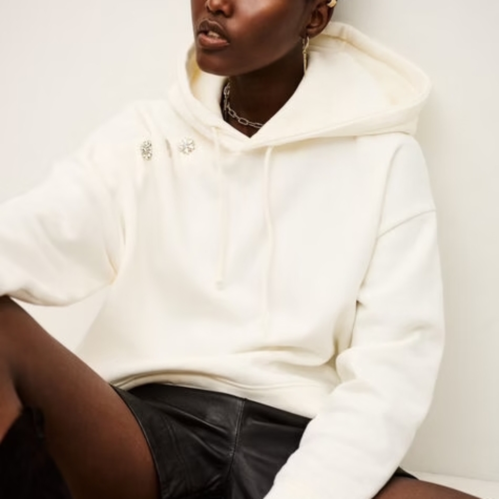 Ba&Sh Didi Embellished Hooded Hoodie With Silver Rhinestones Buttons Accent